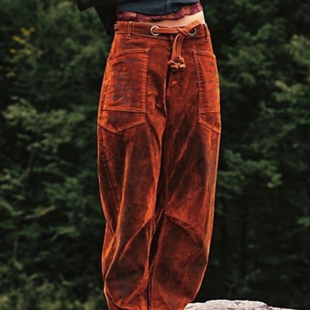 RARE WE THE FREE PEOPLE Tangerine Moxie Barrel Flocked Jeans Orange ๐ - Picture 2 of 14